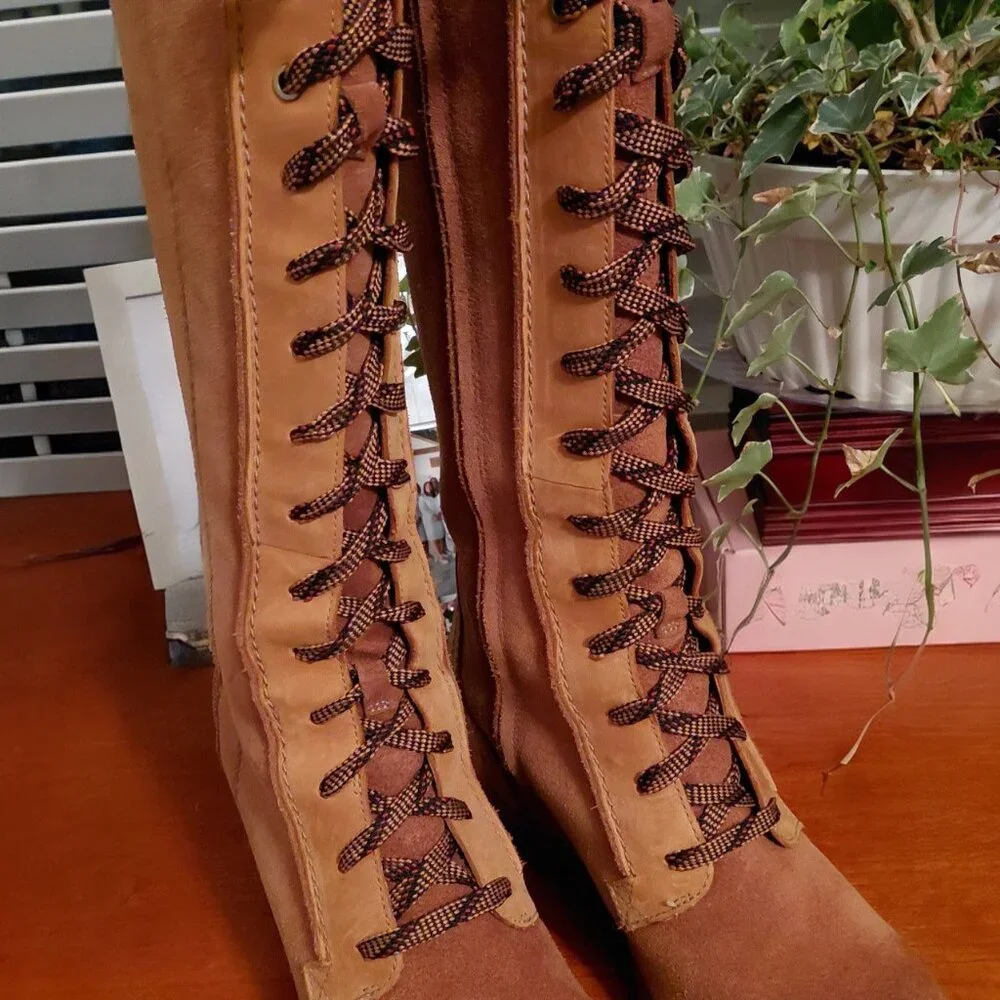 Sorel Womens Size 9.5 Cate The Great Wedge Boots Lace Up High Tall Camel - Picture 2 of 9